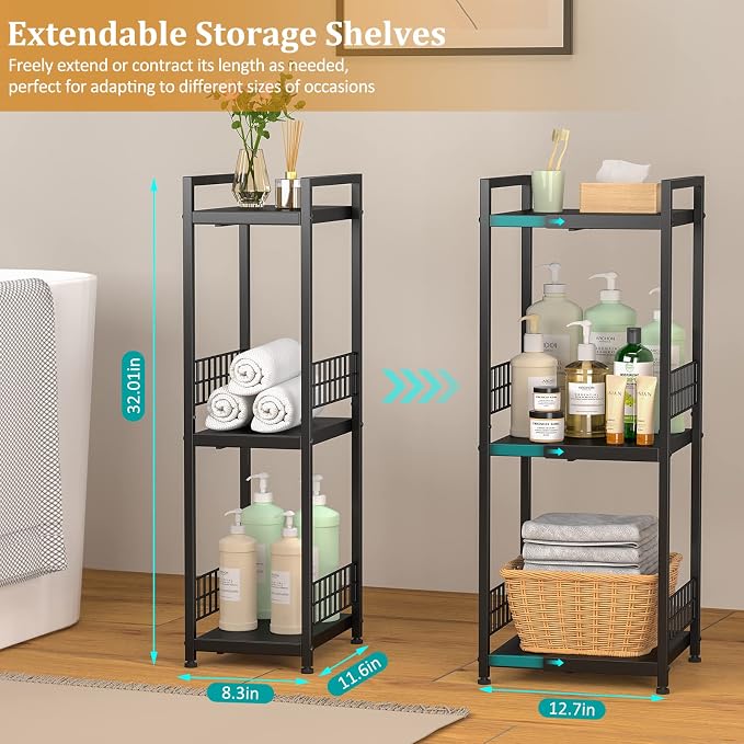 DAOUTIME 3-Tier Metal Shelving Unit, Expandable, Free-Standing, Narrow, Open Floor Shelves, Ideal for Bathroom, Kitchen, Laundry, Storage, Organization - Image 3