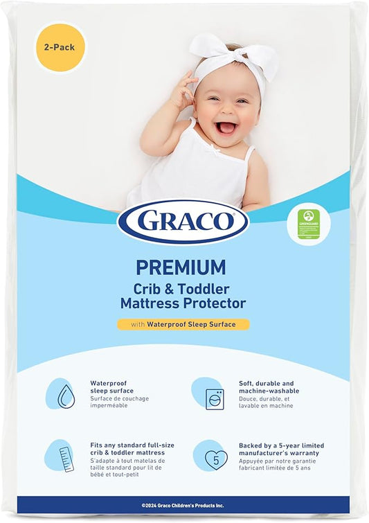 Graco Premium Waterproof Crib and Toddler Mattress Protector (2 Pack) – GREENGUARD Gold Certified, Machine-Washable & Dryer-Friendly, Waterproof Sleep Surface, Fits Crib & Mattress