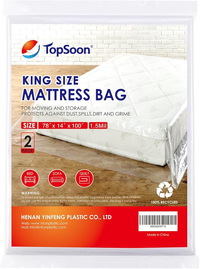 TopSoon 2PK Clear Plastic Mattress Bag - Moving & Storage Cover for Mattress or Box Spring - Heavy-Duty Disposal Supplies (1.5mil, King 78" x 14" x 100")