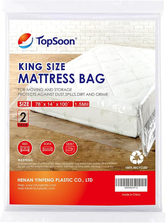 TopSoon 2PK Clear Plastic Mattress Bag - Moving & Storage Cover for Mattress or Box Spring - Heavy-Duty Disposal Supplies (1.5mil, King 78" x 14" x 100")