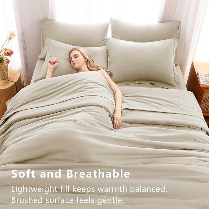 CozyLux Full Size Comforter Sets Oatmeal, 7 Pieces Bed in a Bag Full Comforter Set with Sheets, Luxury Bedding Set with Down Alternative Comforter, Fitted Sheet, Flat Sheet, Pillowcases & Shams
