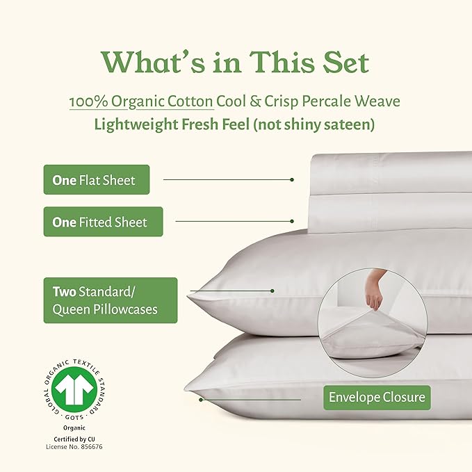 California Design Den Full Size Bed Sheets Set - 100% Organic Cotton, Crisp Percale, Deep Pocket Sheets, Breathable and Durable Bedding Set - Stone (True Beige)