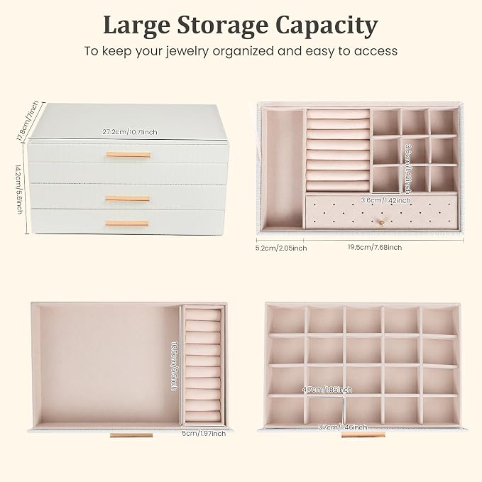 Dajasan Jewelry Box Organizer, 3-Tier Large Jewelry Storage Organizer with 2 Drawers, Space-Saving Jewelry Boxes for Women, PU Leather Surface with Texture, Gift Idea, Modern Style (White) - Image 2