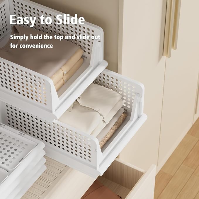 Proarea 5 Pack Stackable Storage Bins, Closet Organizers and Storage, Foldable Closet Organizer Baskets for Clothes, Plastic Drawer Bins for Closet Organization, Wardrobe Shelf, Laundry Room, White - Image 4