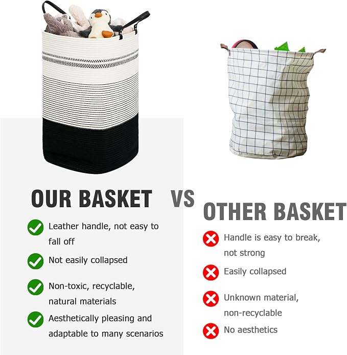 danpinera 100L Nursery Hamper, Tall Woven Laundry Basket with Long Leather Handles, Boho Laundry Hamper for Living Room & Bedroom, Eco-friendly & Convenient Decorative Storage Basket, White & Black - Image 5