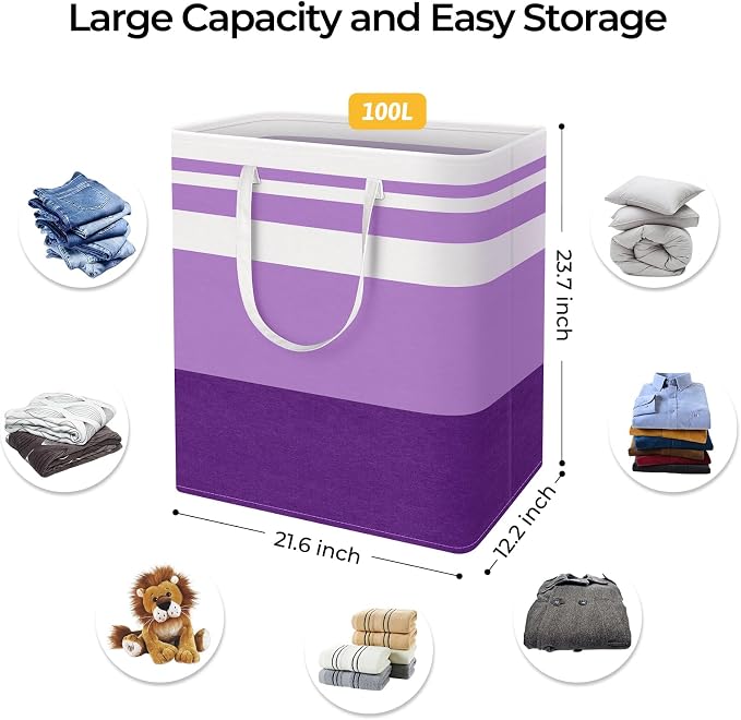 HomeHacks 2 Pack Large Laundry Baskets, Waterproof, Freestanding Laundry Hampers, Collapsible Clothes Hamper with Reinforced Handles in Laundry, College Dorm, Bathroom, Bedroom (Purple, 100Lx2) - Image 5