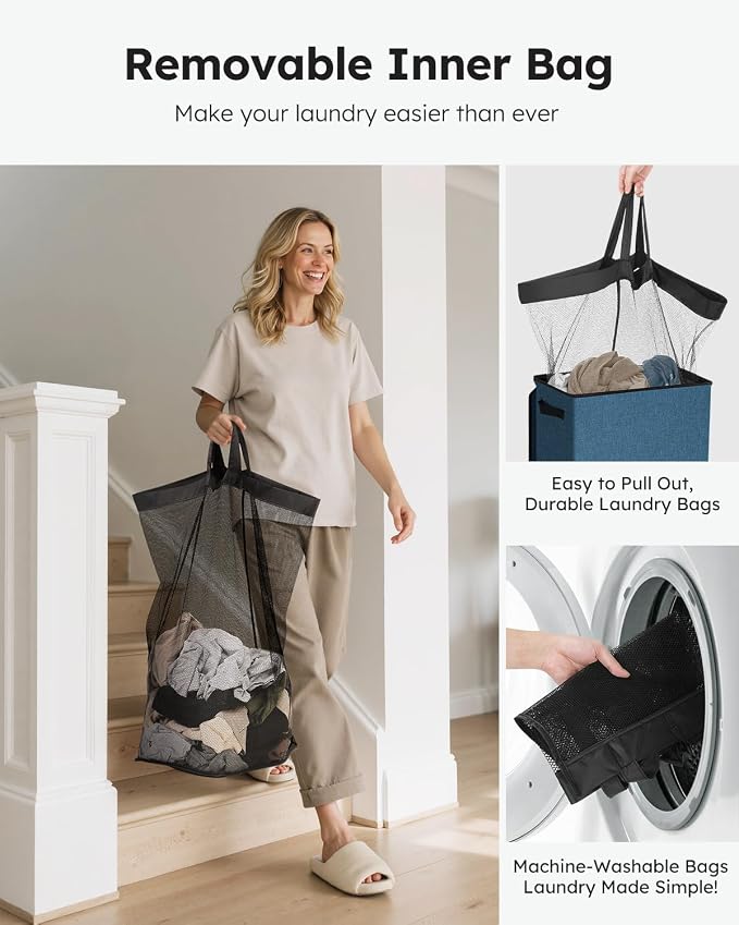 SOLEDI Slim Laundry Hamper with Lid, Narrow Laundry Basket with Removable Bags, Dirty Clothes Hamper with handle, Small Hamper perfect for Laundry room, Bathroom, Bedroom, Small spaces. 70L Blue - Image 4