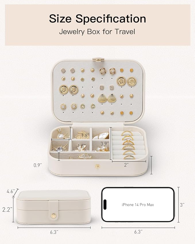 VLANDO Travel Jewelry Case for Women Girls, Gifts for Mother, PU Leather Small Jewelry Box for Rings, Necklaces, Bracelets, Earring Holder Organizer Storage for Travel Essentials - Beige - Image 8