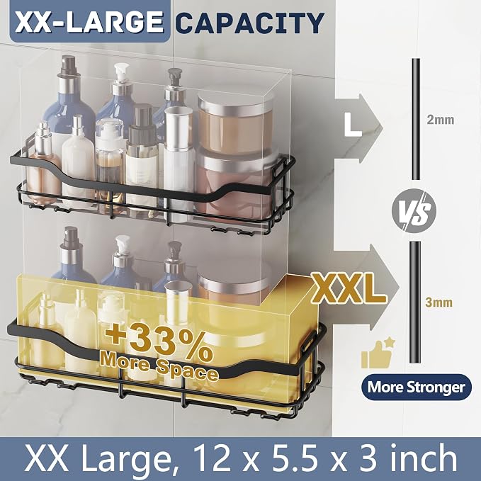 OMAIRA 3-Pack Shower Caddy with Soap Holder, Adhesive Rustproof No-drill Strudy Loading Inside Shower Organizer Shelves Rack Storage Bathroom Organization for Smooth Wall Glass Tile, Black (X-Large) - Image 3