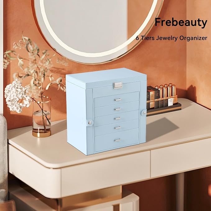 Frebeauty Large Jewelry Box,6-Tier PU Leather Jewelry Organizer,Multi-functional Storage Case with Mirror,Accessories Holder with 5 Drawers for Necklace Bracelets Watches(Sky Blue) - Image 2