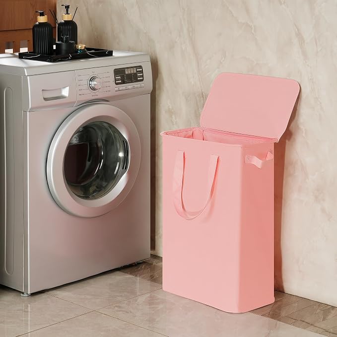 efluky Slim Laundry Basket with Lid, Narrow Laundry Hamper with Handles, Collapsible Dirty Clothes Hamper, Tall Laundry Bin for Laundry Room, Dorm and Bedroom, 55L Pink - Image 7
