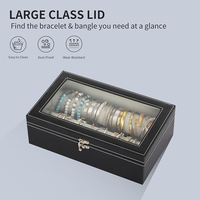 AUTOARK Bracelet & Watch Storage Box with Glass Lid & 2 Anti-Roll Rods,PU Leather Jewelry Case,Soft Lined Locking Organizer for Women,Gift for Dresser & Cabinet Display,Black,MKAW147 - Image 4