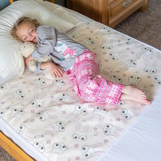 Tuckable Side Bed Wetting Pads Toddlers, Reusable Washable Waterproof Baby Potty Training Pee Pads Sheet Protector Kids, 5 Absorbent Layers, Exclusive No-Slip, 39"x 29" Fits Twin Pink Bunny Print