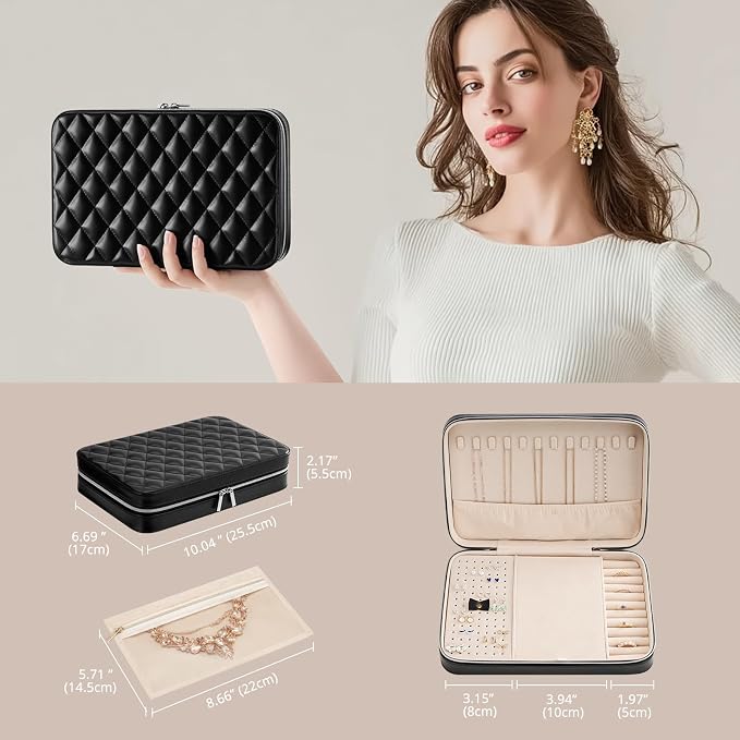 Lolalet Travel Jewelry Case for Women Girls, Travel Jewelry Organizer Box with Mirror & Clear Storage Bag, Small Portable Earring Necklace Bracelet Ring Case, Birthday Valentine Gifts -Large, Black - Image 7