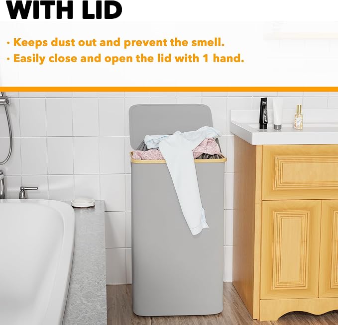 SpaceAid Laundry Hamper with Lid, 110L Large Tall Clothes Basket Bin with Bamboo Handles, Collapsible Laundry Hamper for Bedroom, Bathroom, Dorm, Laundry Room - Light Grey - Image 5