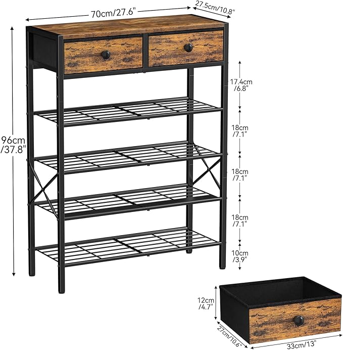 Shoe Rack for Entryway, 5 Tier Shoe Organizer with 2 Non-woven Drawers, Metal Storage Shoe Shelf for 16-20 Pairs of Shoes, with Wooden Top and Steel Frame, Shoe Stand for Closet Rustic Brown - Image 3