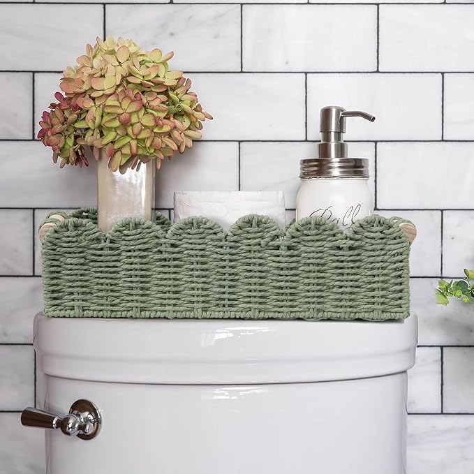 CubesLand Toilet Paper Storage Basket Scalloped Edge Home Decor Green Basket, Living Room Cozy Decor, Paper Rope Small Baskets for Over Toilet Storage Shelf, End Table, Shelves, with 2 Wooden Handles - Image 5