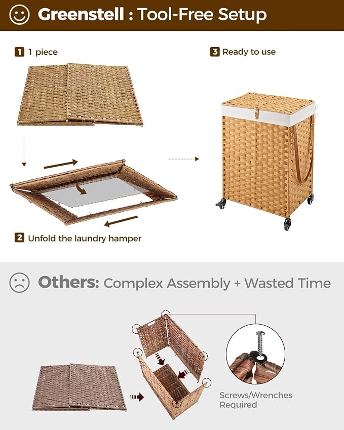 Greenstell Laundry Hamper with Wheels, No Install Needed, 90L Divided Handwoven Hampers & 2 Removable Liner Bags, Synthetic Rattan Clothes Laundry Basket with Lid & Handles, Foldable Hampers Natural - Image 7