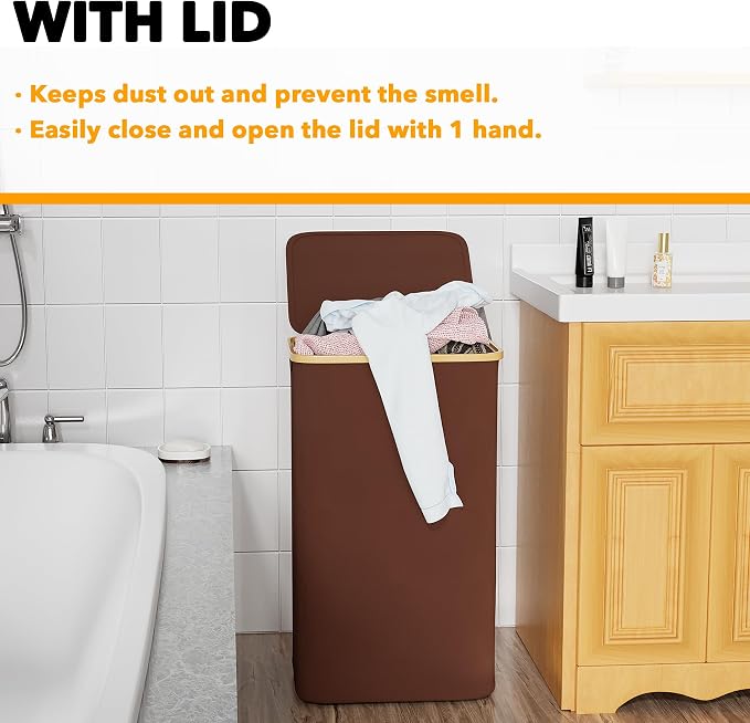 SpaceAid Laundry Hamper with Lid, 110L Large Tall Clothes Basket Bin with Bamboo Handles, Collapsible Laundry Hamper for Bedroom, Bathroom, Dorm, Laundry Room - Brown - Image 5