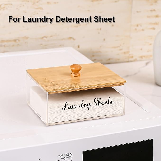 Acrylic Laundry Sheet Holder with Bamboo Lid, Laundry Detergent Sheet Container/Holder/Dispenser, laundry Room Organization and Storage - Image 4