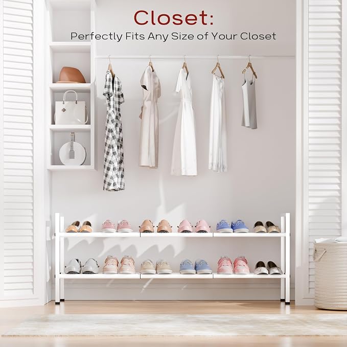Bumusty 2-Tier Long Expandable Shoe Rack for Closet, 18"-44" Adjustable Shoe Rack for Entryway, 10-12 Pairs Large Shoe Organizer Shelf Storage, Sturdy Metal, White - Image 2