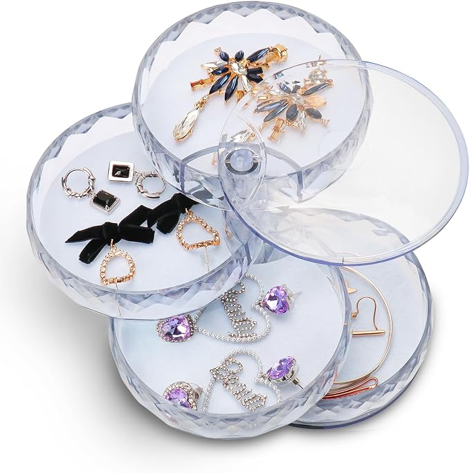 CONBOLA Acrylic Jewelry Organizer, Small Storage Box Jewelry Earring Holder for Women, 5-Layer Rotating Travel Jewelry Tray Case with Lid for Bracelet by CONBOLA