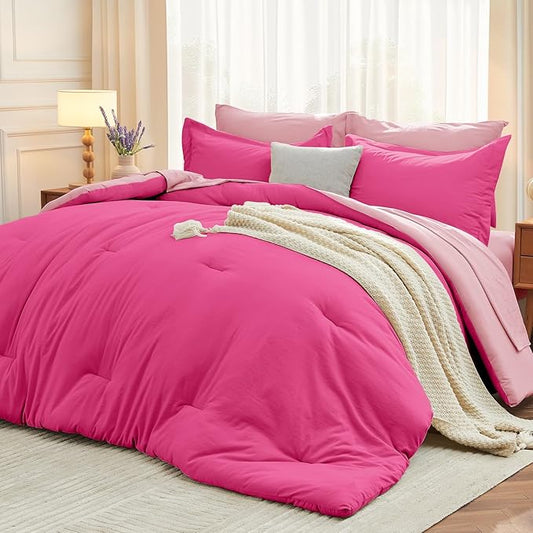 MUXHOMO 7 Pieces Queen Comforter Set, Soft Bed in a Bag Queen Size, All Season Bedding Set with Comforter, Flat Sheet, Fitted Sheet, Pillowcases & Shams, Hot Pink & Baby Pink