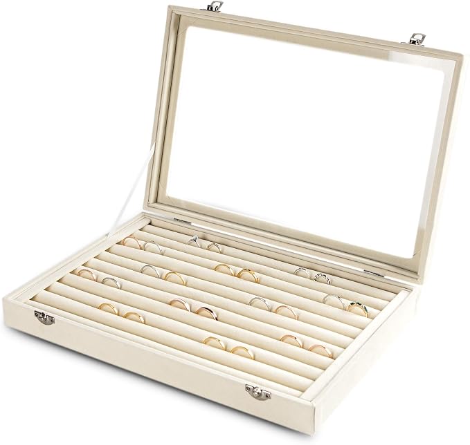 Frebeauty Rings/Earrings Organizer Tray with Clear Lid 10 Slots Velvet Drawer Insert Jewelry Storage box with Glass lid Jewelry Display Case Showcase Gift for Girls Women (Beige, 10 Slots) by Frebeauty