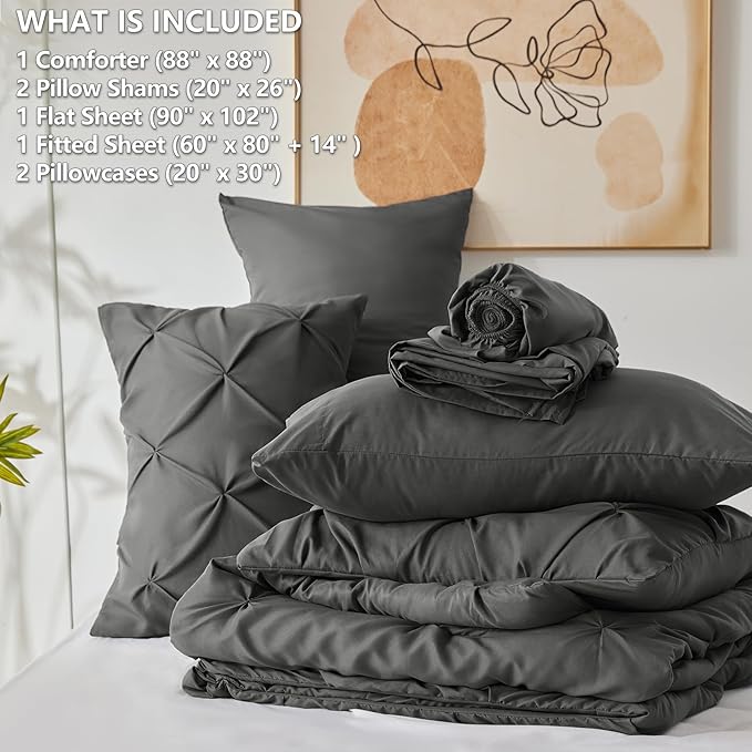 CozyLux Queen Comforter Set Dark Grey, 7 Pieces Pintuck Bed in A Bag, Premium Dark Gray Comforter Queen Size, Pinch Pleat Bedding Sets with Comforter, Sheets, Pillowcases & Shams