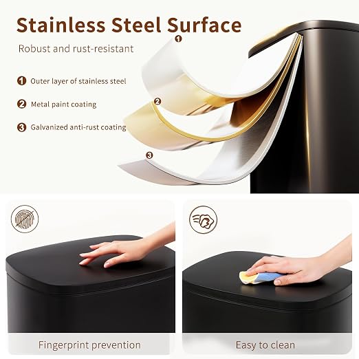 PayLessHere Stainless Steel Trash Can with Lid - Removable Inner Bucket, Foot Pedal Soft Close for Office, Home, Kitchen Garbage Bin (Black, 13 G) - Image 3
