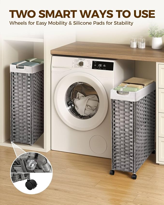 Greenstell Laundry Hamper with Wheels, 17.4 Gallon (66L) Slim Laundry Basket with 2 Removable Liner Bags & 2 Mesh Bags, Narrow Rattan Clothes Hamper for Bedroom, Laundry Room, Bathroom, Grey - Image 2