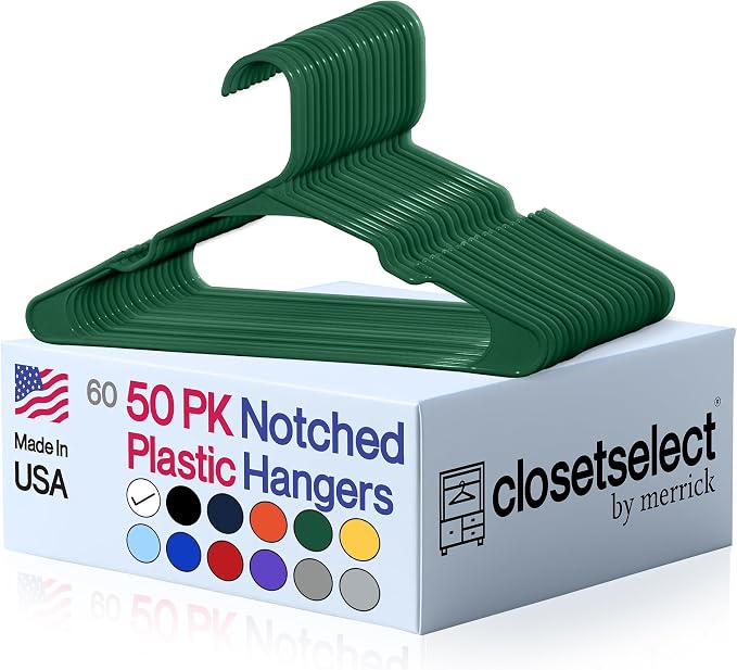 Closetselect Plastic Hangers 50 Pack - Space Saving Clothes Hangers, Made in USA, Durable & Strong Plastic Shirt & Coat Hanger with Notches & Shoulder Grooves, Non-Slip Clothing Hangers | Carpet Green by closetselect