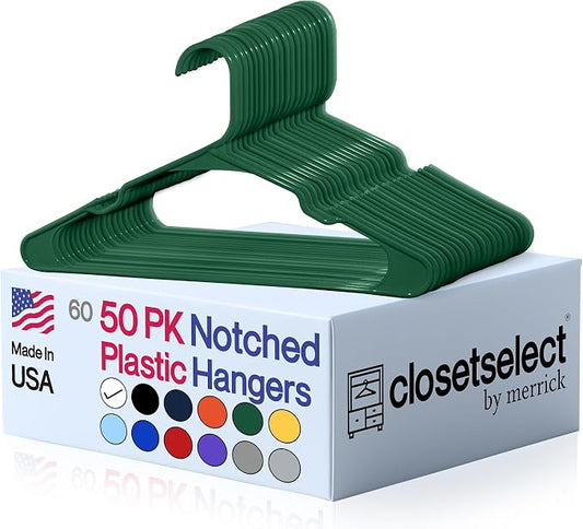 Closetselect Plastic Hangers 50 Pack - Space Saving Clothes Hangers, Made in USA, Durable & Strong Plastic Shirt & Coat Hanger with Notches & Shoulder Grooves, Non-Slip Clothing Hangers | Carpet Green by closetselect
