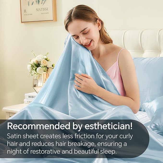 BEDELITE Satin Sheets Twin Size Bed Set, Luxury Soft Light Blue Silky Sheets for Hair and Skin, Similar to Silk Bed Sheets Set 3 Pieces with 1 Deep Pocket Fitted Sheet, 1 Flat Sheet, and 1 Pillowcase
