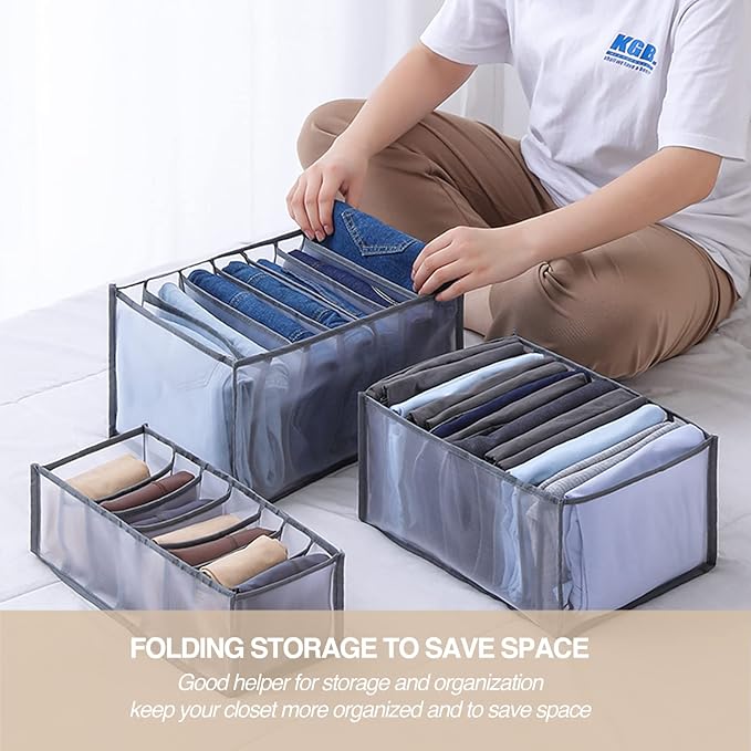 Wardrobe Clothes Organizer, 7 Grids Washable Portable Closet Organizer Mesh Separation Storage Box Foldable Closet Drawer Organizer for Underwear, Socks, Scarves, Jeans (Grey, 2 Jeans Grid) - Image 2