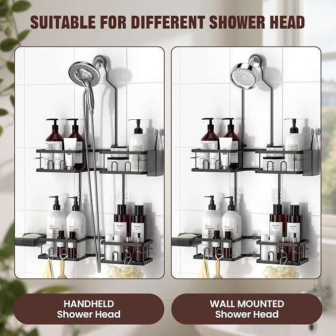 REINHARDT Adjustable Shower Caddy Hanging Rustproof Shower Caddy for Handheld Showerheads, Shower Organizer with Hooks Soap Holder Toothbrush Holder, Anti-Swing Shower Rack Bathroom Accessories, Black - Image 4