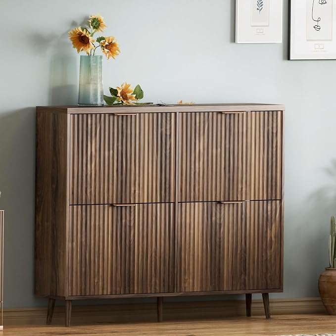 Shoe Cabinet Storage,Modern Freestanding Organizer with 4 Flip Drawers,Narrow Shoe Rack Cabinet for Entryway,Walnut - Image 7