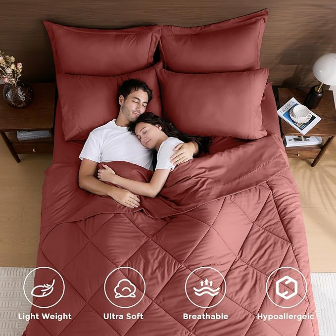 HEVUMYI Terracotta King Comforter Set - 7-Piece All Season Bed in a Bag King, Ultra Soft Bedding Set with Comforter, Flat Sheet, Fitted Sheet, Pillowcases, Pillow Shams