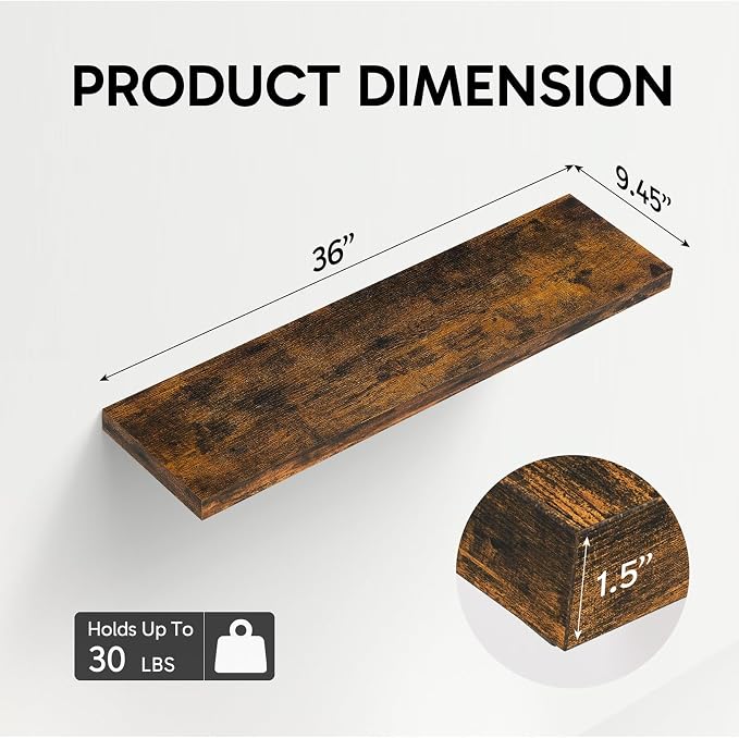 BAYKA Floating Shelves, 36 inches Long Wall Mounted Rustic Wood Shelves for Bathroom, Bedroom, Living Room, Kitchen, Office, Hanging Shelf for Books/Storage/Decor(Rustic Brown,Set of 2) - Image 3