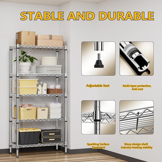 M MZG 1250 lbs 5 Tier Shelf Metal Storage Shelves Shelving Wire Rack Heavy Duty Closet Organizers for Garage Kitchen Bathroom Laundry Chrome 13.8" D x 29.5" W x 59.5" H - Image 6