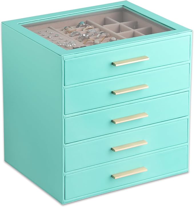 Frebeauty Clear Lid Jewelry Box,5-Layer Jewelry Organizer with Drawer,PU Leather Jewelry Organizers and Storage,Jewelry Boxes for Women,Jewelry Storage for Rings Earring Stud,Gift for Women(Turquoise) by Frebeauty