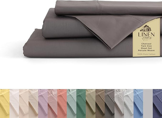 Linen Home 100% Cotton Percale Sheets Twin Size, Charcoal, Deep Pocket, 3 Pieces Set - 1 Flat, 1 Deep Pocket Fitted Sheet and 1 Pillowcase, Crisp Cool and Strong Bed Linen