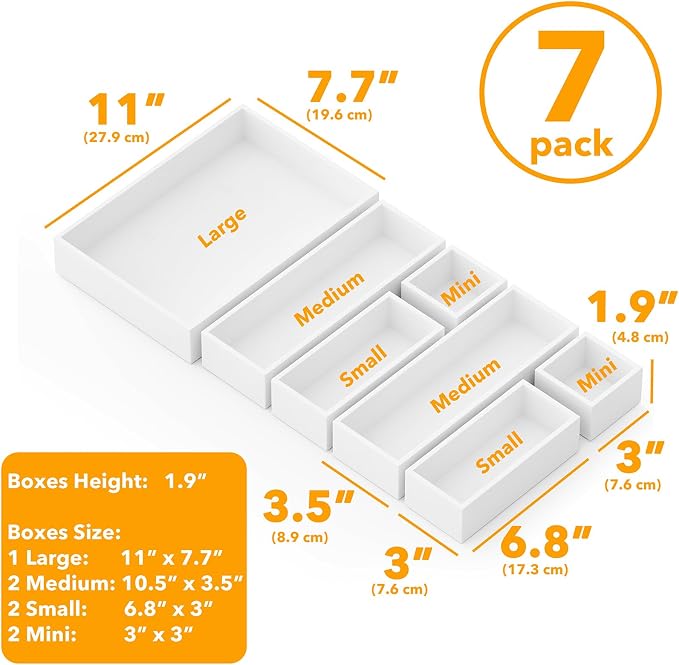 SpaceAid 7-Piece Bamboo Drawer Organizer Storage Boxes Set, Wood Tray Junk Drawer Organizers Multi-Use Divider Bins for Kitchen, Bathroom, Office Desk and Makeup Organization (7 Pack, White) - Image 3
