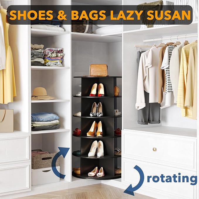 SpaceAid 5 Tier Rotating Shoe Rack Tower, Spinning Shoe Display Lazy Susan, Revolving 360 Shoe Rack Storage Round Carousel, Vertical Handbag Rotate Shoes Closet Organization (5-Tier Black) - Image 4