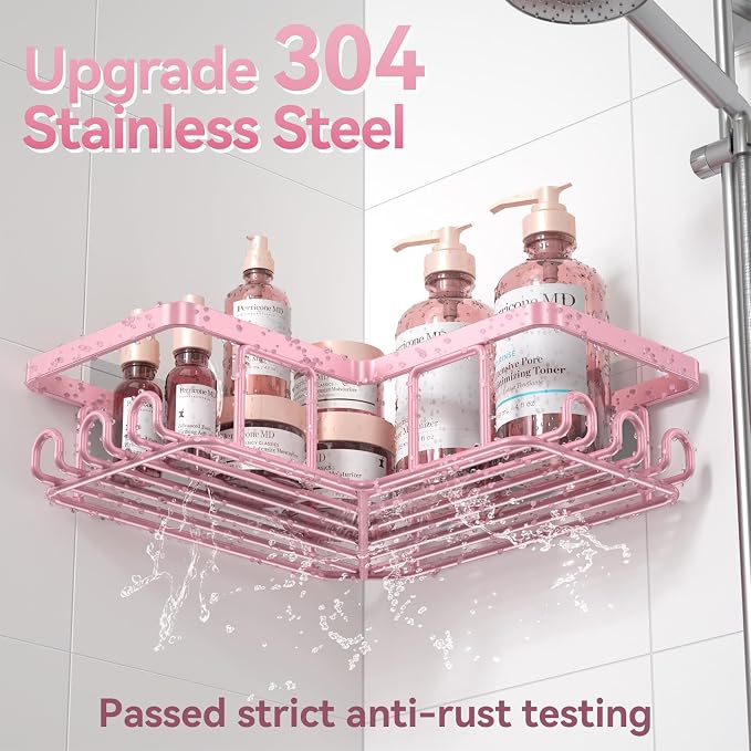 YASONIC Corner Adhesive Shower Caddy, with Soap Holder and 12 Hooks, Rustproof Stainless Steel Bathroom Organizer, No Drilling Wall Mounted Rack, Pink, 3-Pack - Image 4