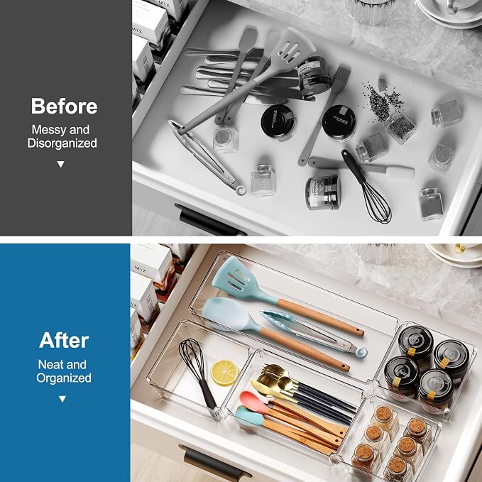 9 PCS Clear Plastic Drawer Organizer Sets, 3 Sizes Vanity Organizer Trays Stackable Storage Bins for Kitchen, Cabinet, Bathroom, Office, Laundry Room Organizing - Image 6