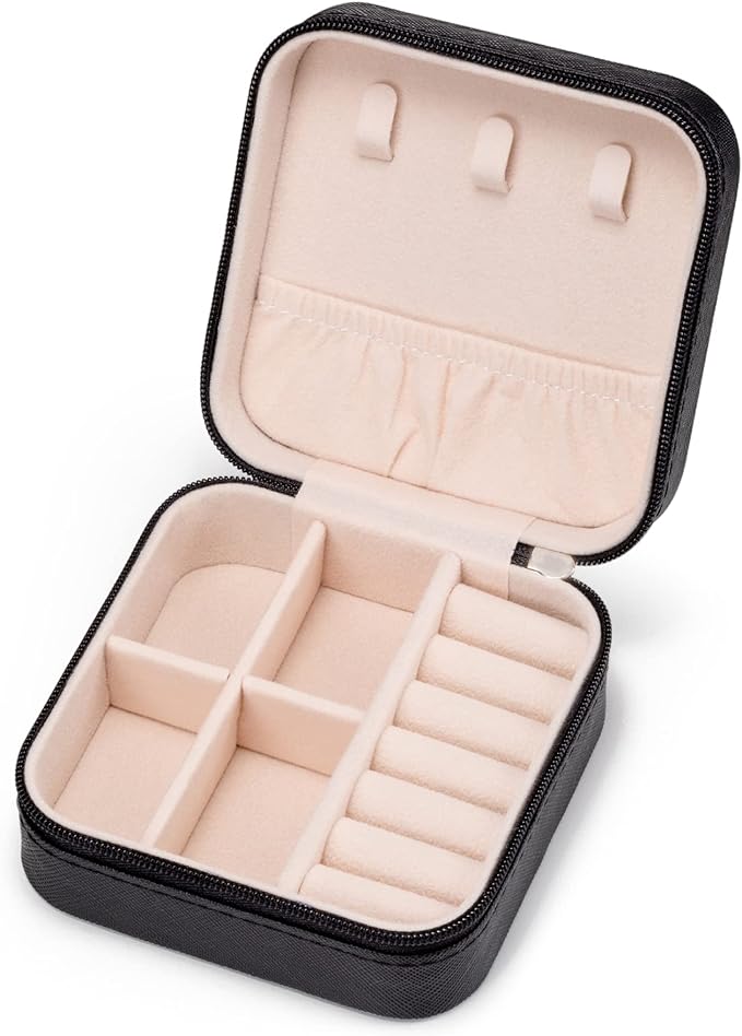 Mini Jewelry Travel Case,Small Jewelry Box,Traveling Jewelry Organizer,Portable Jewellery Storage Holder for Rings Earrings Necklace Bracelet Bangle Organizer,Boxes for Girls Women(PU-Black) by VOMNA