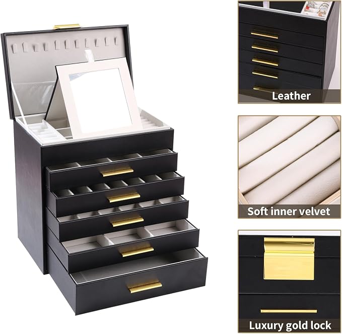BOOVO Jewelry Boxes for Women, White and Black 6 Layer Large Jewelry Box for Necklace, Bracelet, Earrings, Rings Storage, Jewelry holder Organizer for Girls Gift (Black and Gold, 6 layer) - Image 2