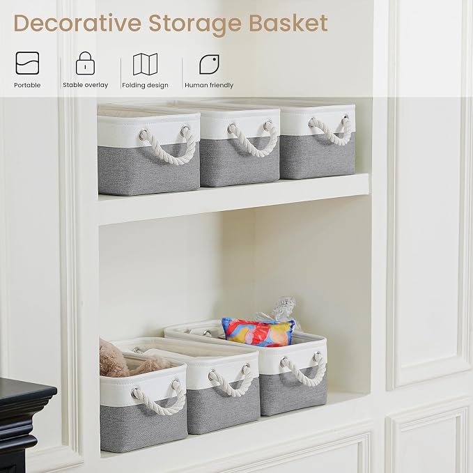 Storage Baskets for Shelves 11.8x7.9x5.2 Inch, Foldable Fabric Storage Bins with Handles, Small Storage Baskets for Organizing Closet, Office, Home Organization (6-Pack, White&Gray) - Image 5