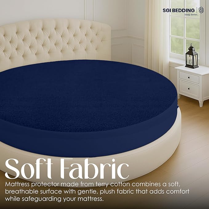 SGI Bedding Waterproof Round Mattress Protector 80" Diameter– 15" Deep Pocket Fitted Style Terry Cotton Mattress Pad Cover, Soft, Breathable & Noiseless, Spills & Stains Bed Protection – Navy Blue